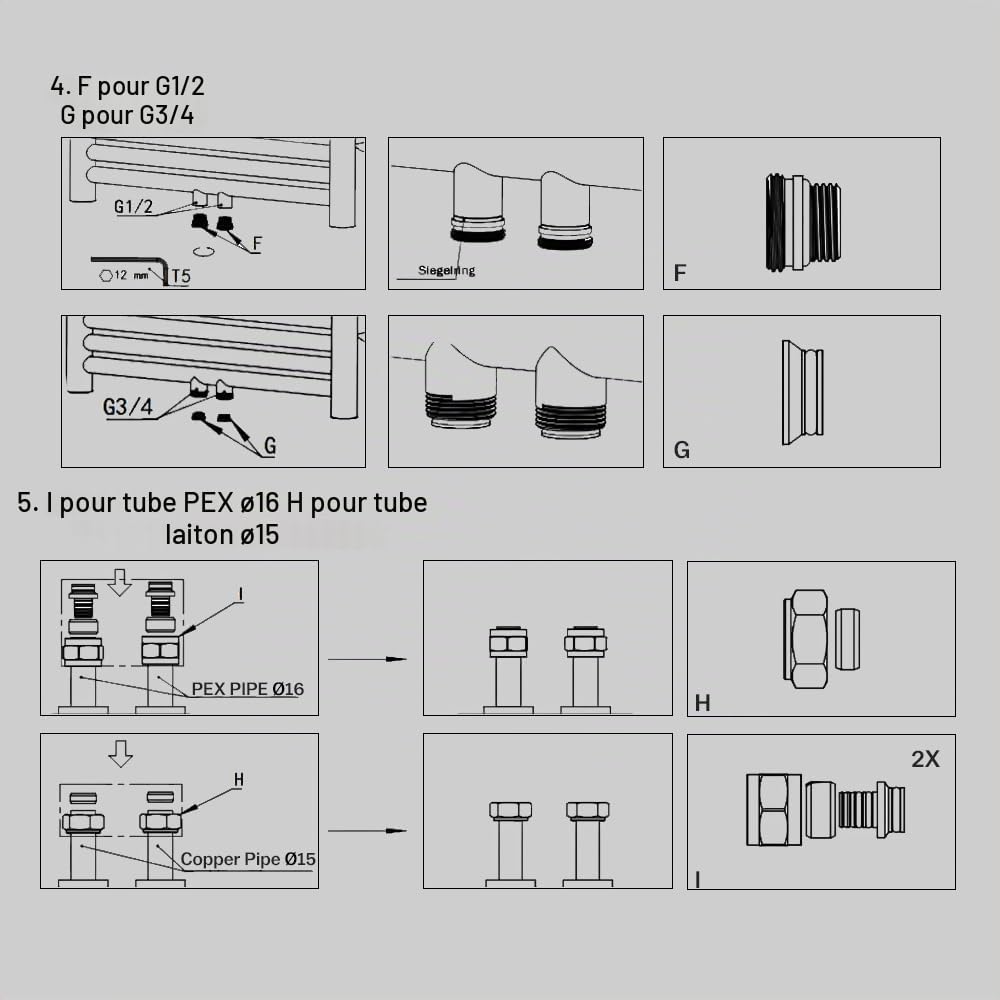 Kit multibloc avec thermostat pour radiateur de salle de bain en laiton 15/16 mm