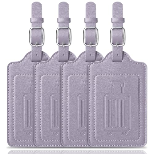 Teskyer Leather Luggage Tags for Suitcases, 4 Pack, Purple