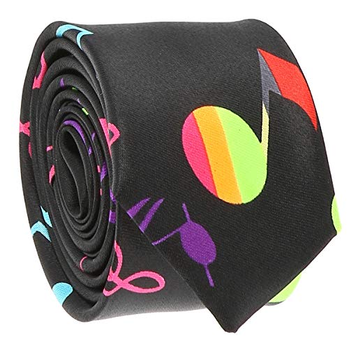 Cravate Notes de Musique Blanche - Cravate Homme Originale - Motif Fantaisie Notes de Musique Fluo sur Fond Noir