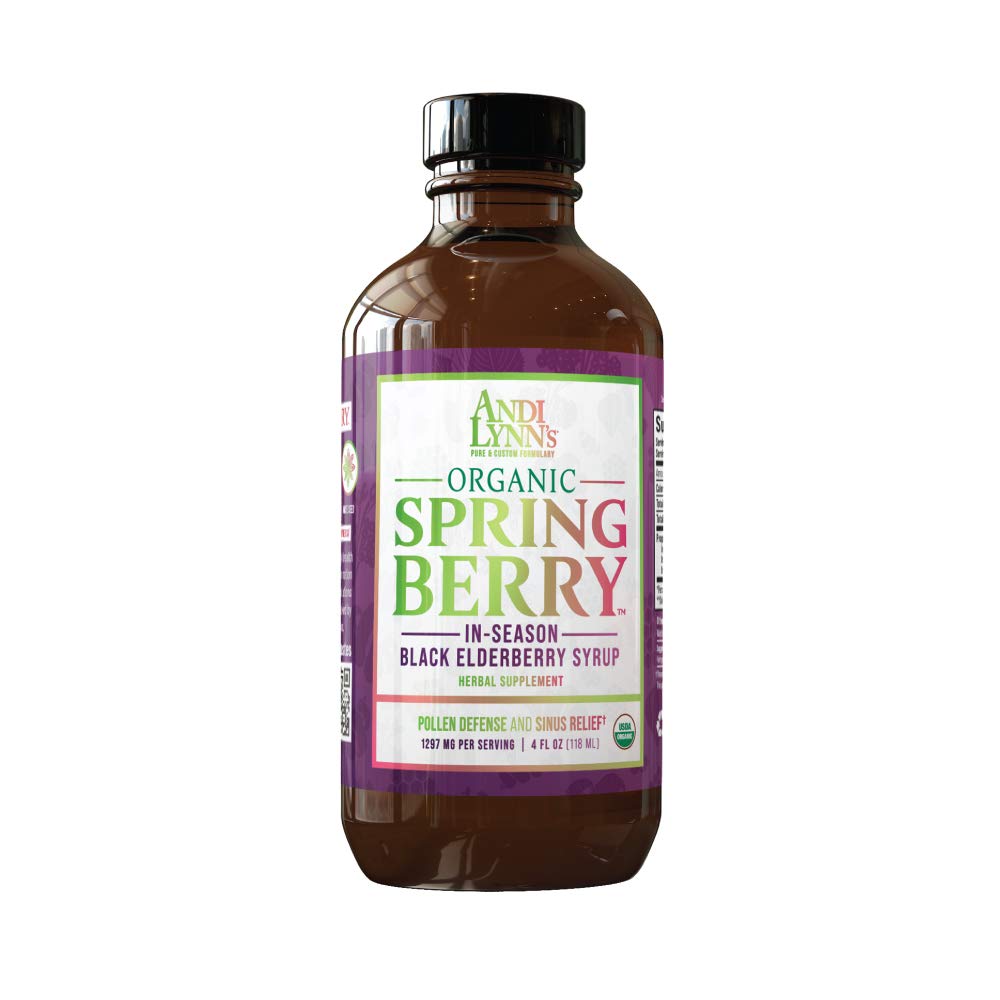 Andi Lynn’s SpringBerry, Organic Black Elderberry Syrup, Pollen Defense & Sinus Relief for Seasonal Allergies, Herbal Immune Support Supplement for Kids & Adults, 4 ozUSDA Organic