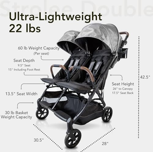Strolee Lightweight Double Side by Side Stroller - 22 Lbs, 9.5" Compact Fold, Twin Nap Ready Seating, No Rethread Harness, Magnetic Buckle & Ultra Plush Seat 60Lb Max Per Seat- (v2 Sage) - Image 3