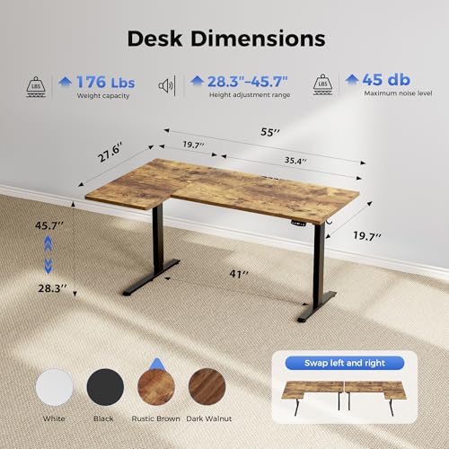 Image of Agilestic 55 Inch Reversible L Shaped Standing Desk, Electric Height Adjustable Desk with Memory Preset, Sit Stand Up Computer Workstation for Home Office, Splice Board, Rustic Brown