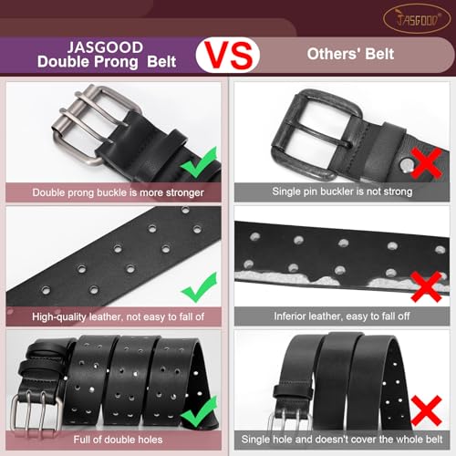 Image of JASGOOD Men Double Prong PU Leather Belt Casual Work Heavy Duty Belt Double Grommet Holes Belt for Jeans