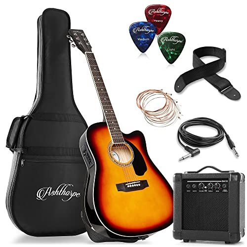 Ashthorpe Full-Size Thinline Cutaway Acoustic Electric Guitar Package with 10 Watt Amp - Sunburst