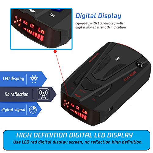 Radar Detector for Cars,Laser Rader Detectors, Voice Prompt Speed, Vehicle Speed Alarm System, Led Display, City/Highway Mode, Car 360 Degree Automatic Detection (Black) - Thumbnail 3