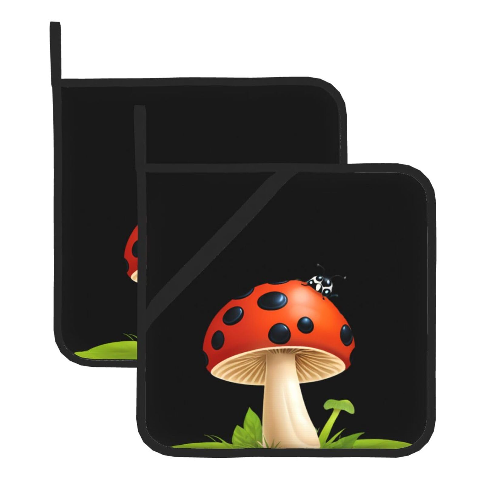 YYHWHJDE Ladybug On Mushroom Prints Square Insulated Pot Mat Set (2-Piece) 8x8in Waterproof, Thickened & Easy to Clean with Lanyard Design for Kitchen, Oven & BBQ