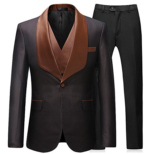 Boyland Men's 3 Piece Brown Vintange Tuxedo Wide Shawl Lapel Suit Slim Fit Jacket Vest Pants