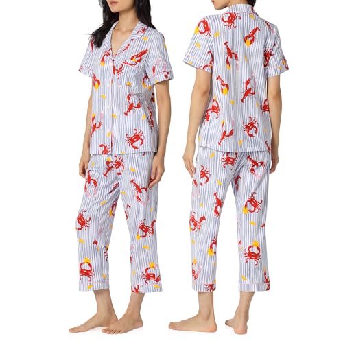 Image of Bed Head PJs Womens Matching Pajamas - Soft Organic Cotton Button Down PJ Shirt & Cropped Pants Set - Loungewear & Sleepwear
