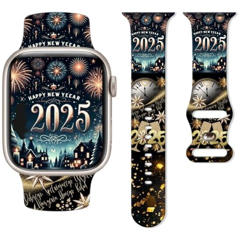 HYHMXB Breathable Festive Happy New Year Pattern Bands Compatible with Apple Watch 42mm 44mm 45mm 46mm 49mm, Cute Adjustable Soft Silicone Sports Wristband Strap Replacement for iWatch Ultra SE & Series 10/9/8/7/6/5/4/3/2/1 Cover