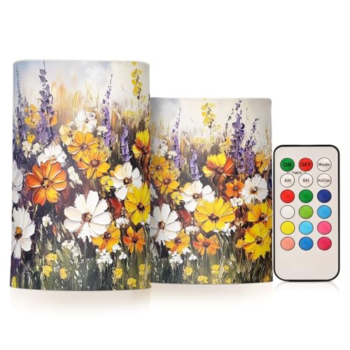 Image of Yellow White Purple Wildflowers Oil Pattern Flickering Flameless Candles LED Battery Operated with Remote Timer Pillar Candles for Home Birthday Wedding Christmas Decor, Set of 2
