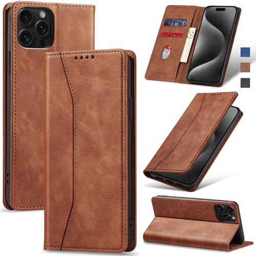 Image of Jasonyu Flip Wallet Case for iPhone 15 Pro Max,Brown