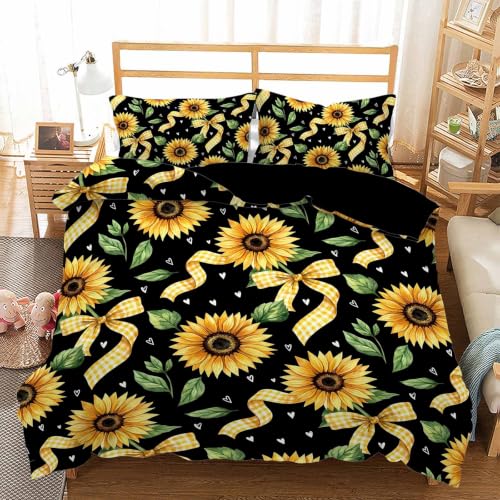 Image of AILONEN Black Sunflower Full Duvet Set 3 Piece, 1 Comforter + 2 Pillowcases, Bright Yellow Petals Olive Foliage Metallic Gold Ribbon Shapes for Modern Floral Guest Room