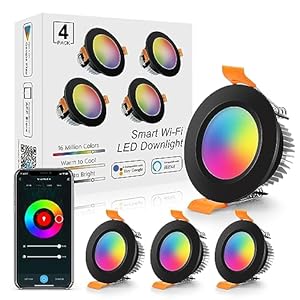LightingWill 2 Inch LED Recessed Lighting, Smart WiFi LED Downlight, 5W LED Ceiling Light Compatible with Alexa/Google Assistant, Dimmable RGB & 2700K-6500K, 120V with LED Driver, Black Trim (4 Pack)