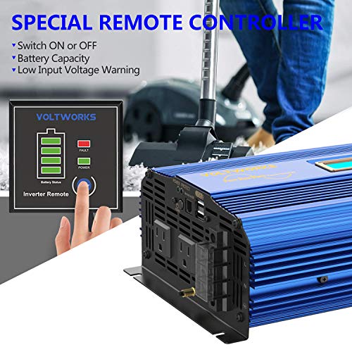 Pure Sine Wave Power Inverter 2000Watt car Converter DC 12V to 120V AC with 2 AC Outlets 2x2.4A USB Ports Remote Control and LCD Display by VOLTWORKS (12VBlue)