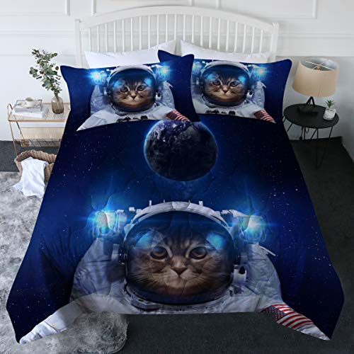 BlessLiving 3 Piece Astronaut Cat Comforter Set with Pillow Shams Funny Space Cat