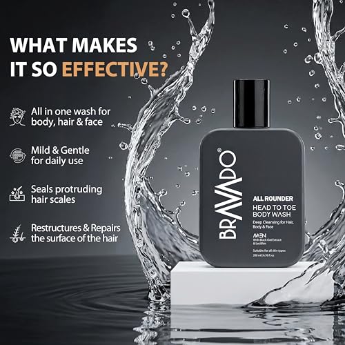 Image of BRAVADO Head to Toe Body Wash for Men | All-in-One Hair, Face & Body Cleanser for Deep Cleansing & Freshness | Hydrating Shower Gel | 200ml