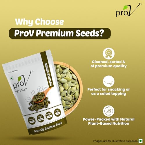 Image of ProV Premium Pumpkin Seeds 250g, High Protein, Source of Fiber, No Cholesterol, No Trans Fat, No Added Sugar, Kaddu Beej, Unroasted Seeds, Healthy Diet Snack, Resealable Pouch, Seeds for Eating