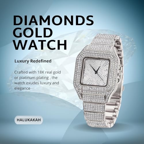 Image of Halukakah Diamonds Watch Iced Out for Boy Teens Kids - 18K Real Gold /Platinum Plated,Arabic Numerals Square Dial,Japanese Quartz - 7.3 inch Length - Optional with Cuban Link Chain - for Birthday,Parties