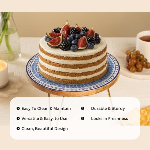 Image of RITUALISTIC Holland Printed Wooden Cake Stand with Metal Legs with Server | Elegant Cake Display for Decoration & Cutting | Round Dessert Tray for Cakes, Events, Birthdays & Home Decor