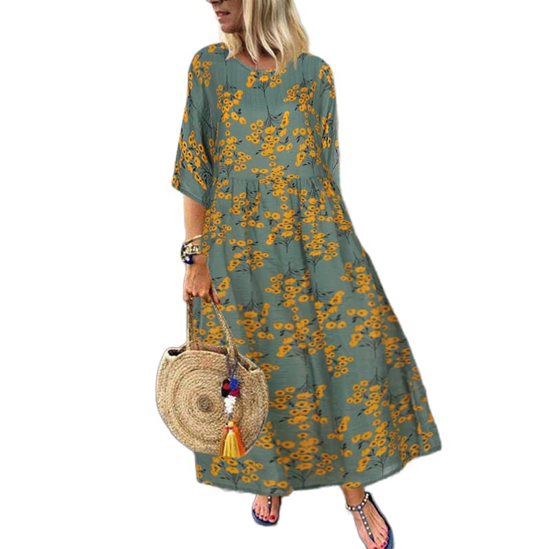 Women's Vintage Ethnic Print Linen Maxi Dress Summer Casual Loose Floral Boho Swing House Dresses Plus Size