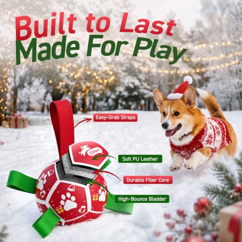 Image of QDAN Small Christmas Dog Toys, Soccer Ball with Straps, Outdoor Interactive Toys for Tug of War, Puppy Birthday Gifts, Water Toy, Durable Dog Balls for Puppy (5 Inch)