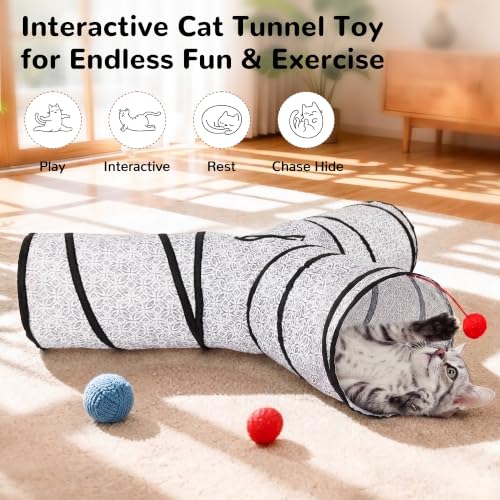 Image of Tempcore Cat Tunnel, 3-Way Collapsible Toy, Large Size Grey Coin | Large Size 3-Way Cat Tunnel Provides More Room for Cats to Run, Hide and Chase, with Peek Holes, Hanging Ball and Teaser Wand