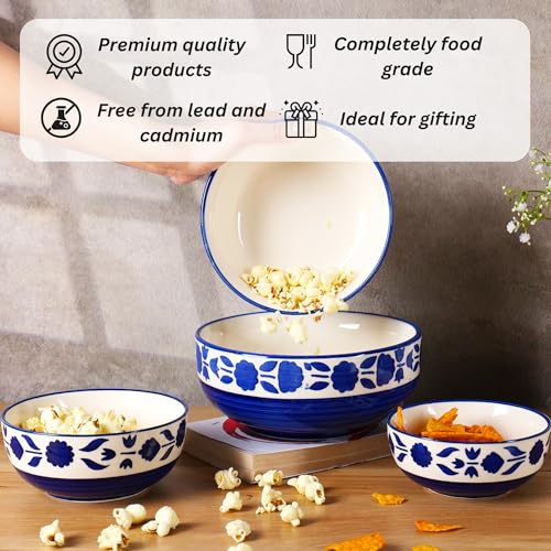 Image of Niyara Stoneware Handmade Ceramic Stylish Premium Serving Bowls /Salad Tray Microwave Dishwasher Safe Set of 4 (Blue Floral Print Bowl)