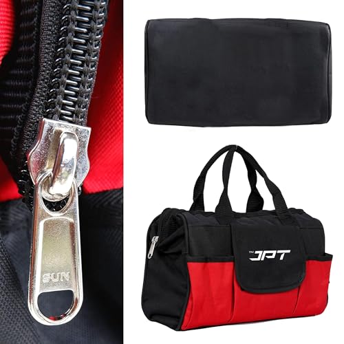 Image of JPT 13-Inch Heavy Duty Tool Bag, Wide Mouth Tool Storage Bag with Interior Pockets, Large Capacity Tool Tote Bag for Electricians, Power Tools Organizer Red /Black