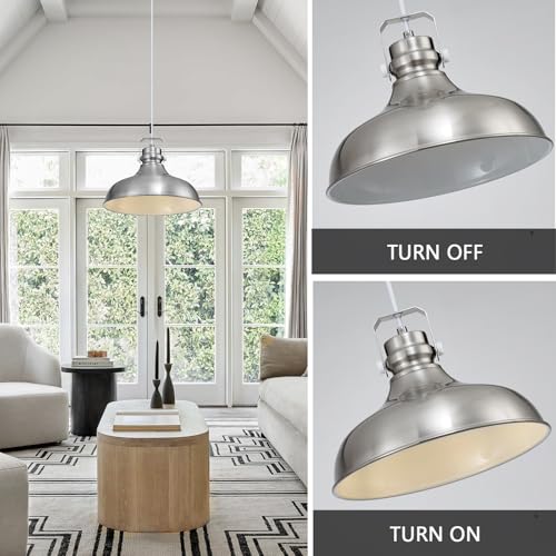 Image of Brushed Nickel Modern Pendant Lights Kitchen Island Fixtures | ETL Certificate,Industrial Adjustable Height Vintage Dome Hanging Light Fixtures for Barn,Dining Room 2 Pack