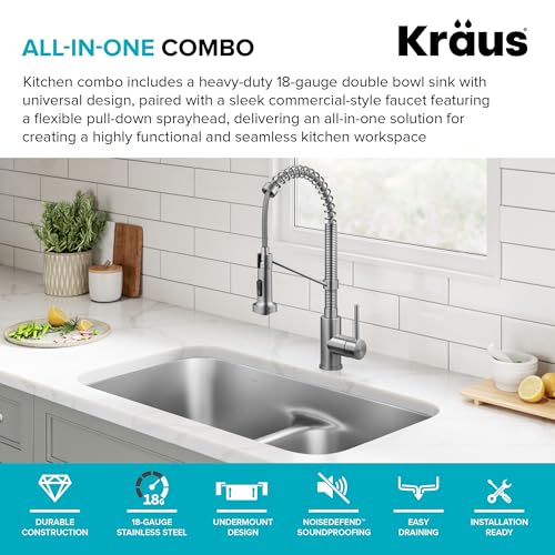 Image of KRAUS Premier 32 in. Undermount 50 /50 Double Bowl 18-Gauge Stainless Steel Kitchen Sink and Commercial Style Pull Down Faucet in Spot-Free Stainless Steel, KCA-1200