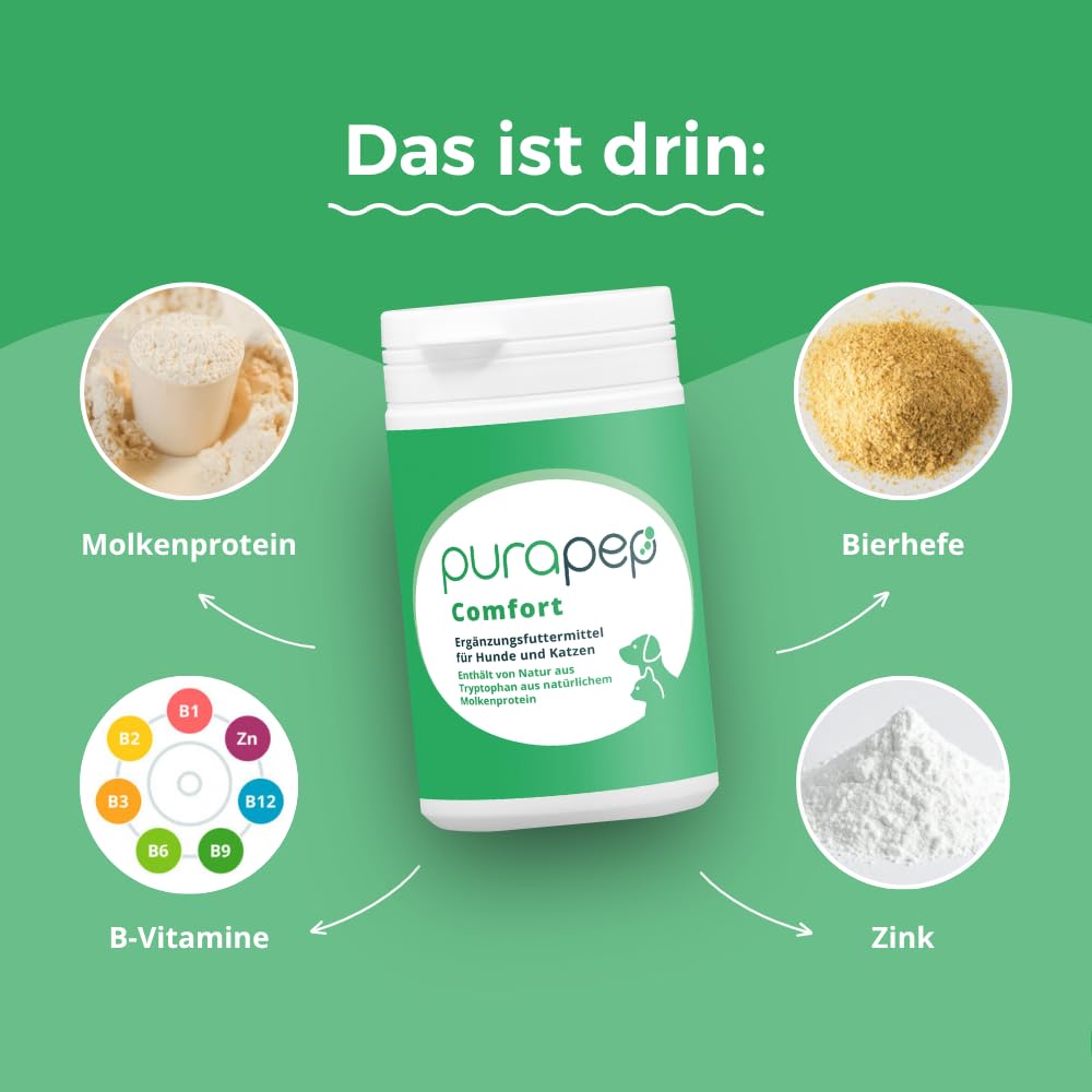 Comfort Pulver – Lindert Stress, Angst & Aggression, fördert Entspannung. Natürliches Beruhigungsmittel für Hunde & Katzen + Tryptophan + B Vitaminen. Ideal für Silvester & Stressphasen. 100g