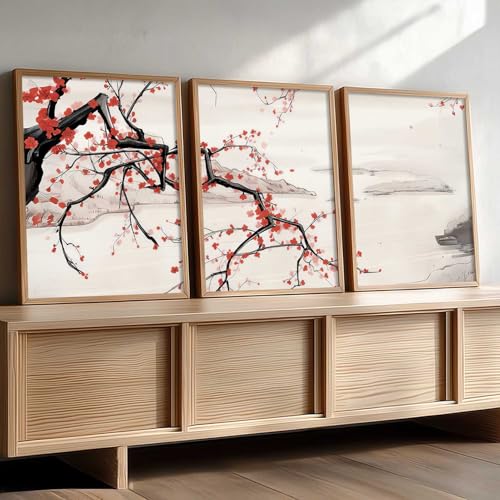 Image of kotart Big Aesthetic Cherry Blossom Tree Wall Framed Posters | Japanese Nature Art Framed Poster for Living Room Bedroom Wall Decor Set Of 3 (14x20 Inch)