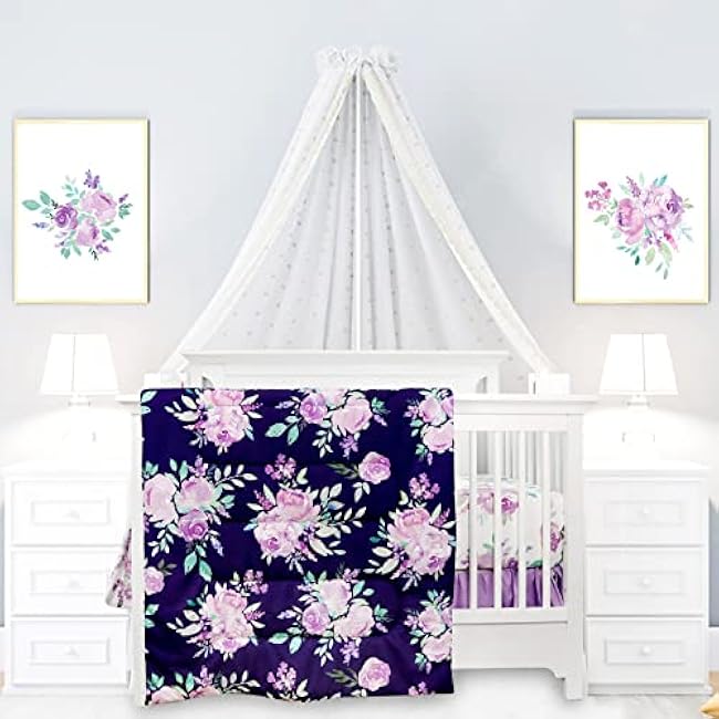 TANOFAR 4 Piece Crib Bedding Set for Girls, Purple Flower Quilt, Crib Skirt, Diaper Stacker, Soft Microfiber Comforter, Cotton
