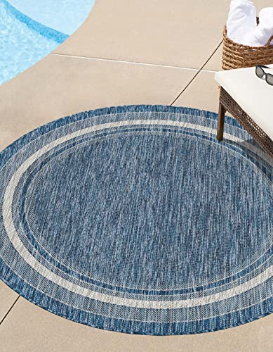 Unique Loom Outdoor Border Collection Area Rug - Soft Border (4 1 Round Blue/ Ivory)