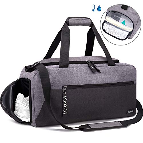Rotot Sports Duffle Gym Bag, Men Women Duffel with Waterproof Shoe Compartment Pouch, Weekender Travel with a Water-resistant Insulated Wet Pocket Cooler (33L, Gray)
