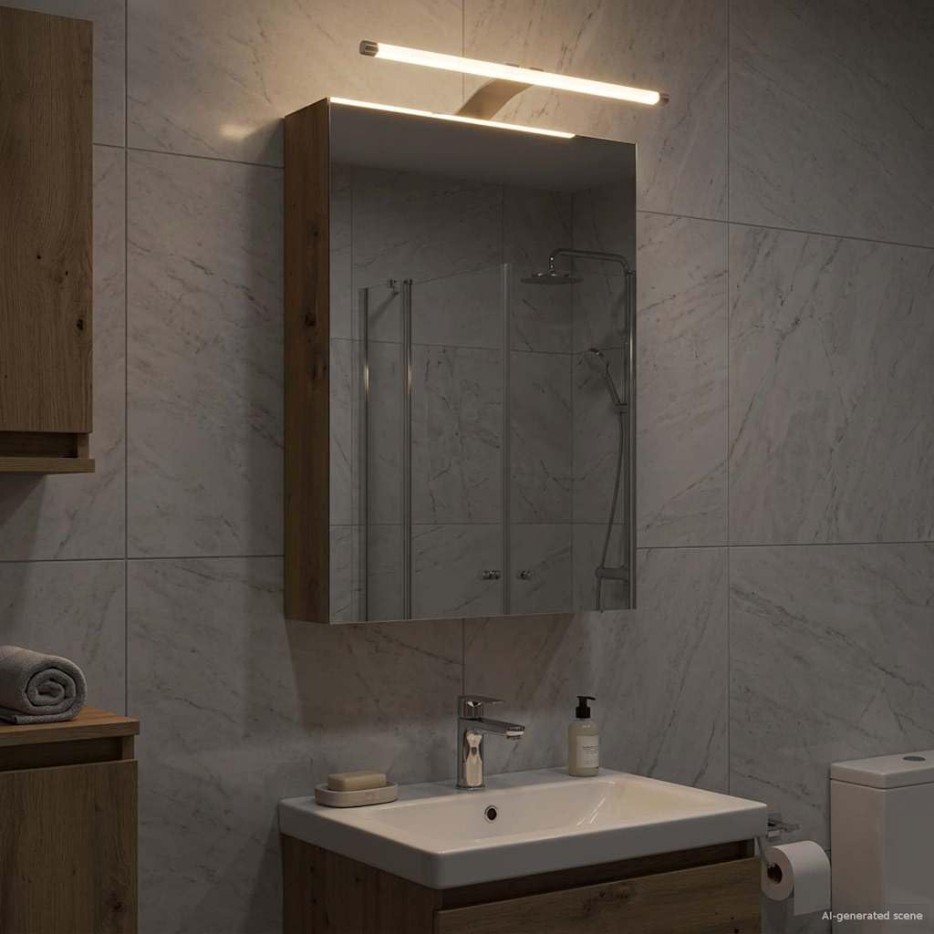 Armario con espejo de baño con estante y puerta en madera de roble artesanal, 40 x 10,5 x 60,5 cm, con tiras LED y espejo de dos vías para muebles de baño, espacio de lavado, espacio de