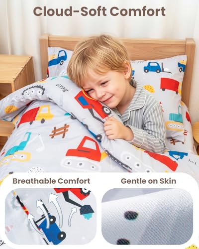 Image of TinyPalsa 4-Piece Toddler Bedding Set, Toddler Bed Comforter Set for Boys | Includes Comforter, Fitted Sheet, Flat Sheet & Pillowcase, Grey Construction