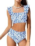 ZAANTI Teen Bathing Suits for Girls 14-16 Ruched Ruffle Trim Adjustable Shoulder Straps Teen Girls Swimsuits with Removable Chest Pad Blue＋Floral Print High Waist Bathing Suits with Shorts