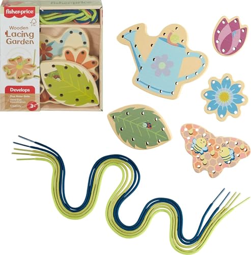 Fisher-Price Wood Preschool Toy Lacing Activity Cards, Tiny Garden 10-Piece Set for Fine Motor Skill Development Kids Ages 3+ Years (Amazon Exclusive)