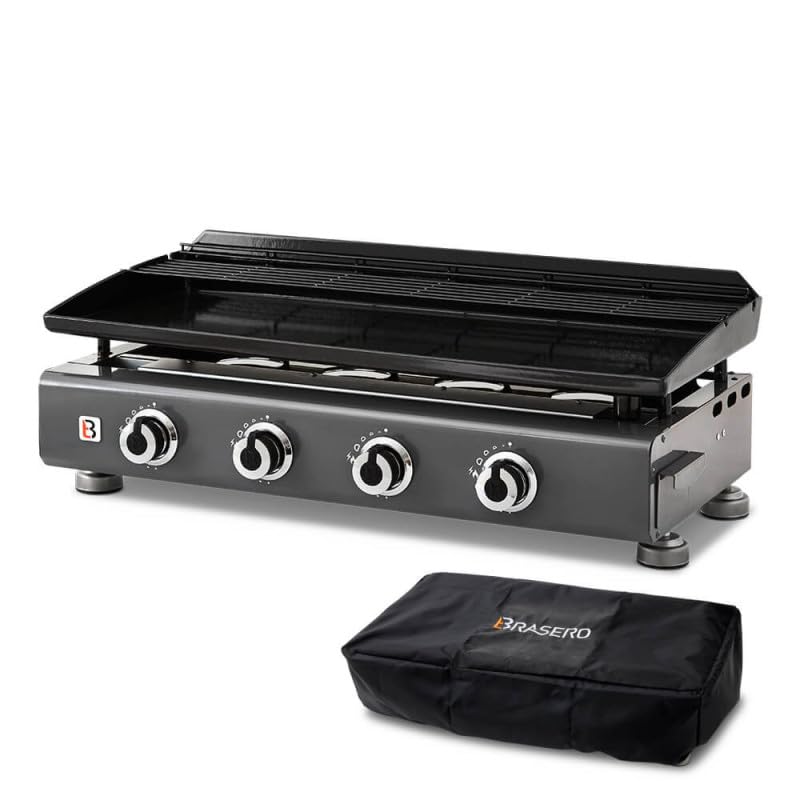 BRASERO BY FAVEX – Plancha gaz Silvia IIG Gun Metal 4 feux – 7,5 kW – Plaque acier émaillé 5 mm – 84 x 34 cm – Jusqu'à 12 convives – Housse...