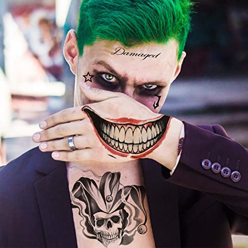 Image of VANTATY 6 Sheets 3D Joker Tattoos For Men Adults Women, Halloween Temporary Tattoos For Women Girls Boys, Fake Tattoo Stickers Halloween Face Makeup Kit Cosplay Costume, Gothic Damaged Joker Tattoo