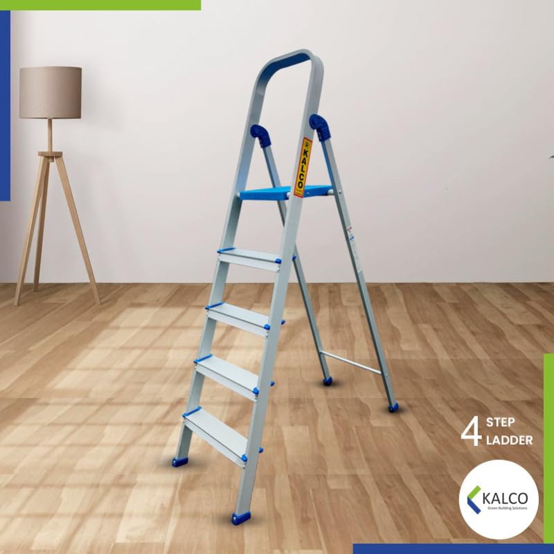 Image of Kalco 4 Step Ladder, Aluminium, Foldable, Home Use, Silver with Blue 4 Step Aluminium Ladder, Foldable and Flat Steps, Top Handle and Top Plastic Plate (Model: K-7026 in Lite)