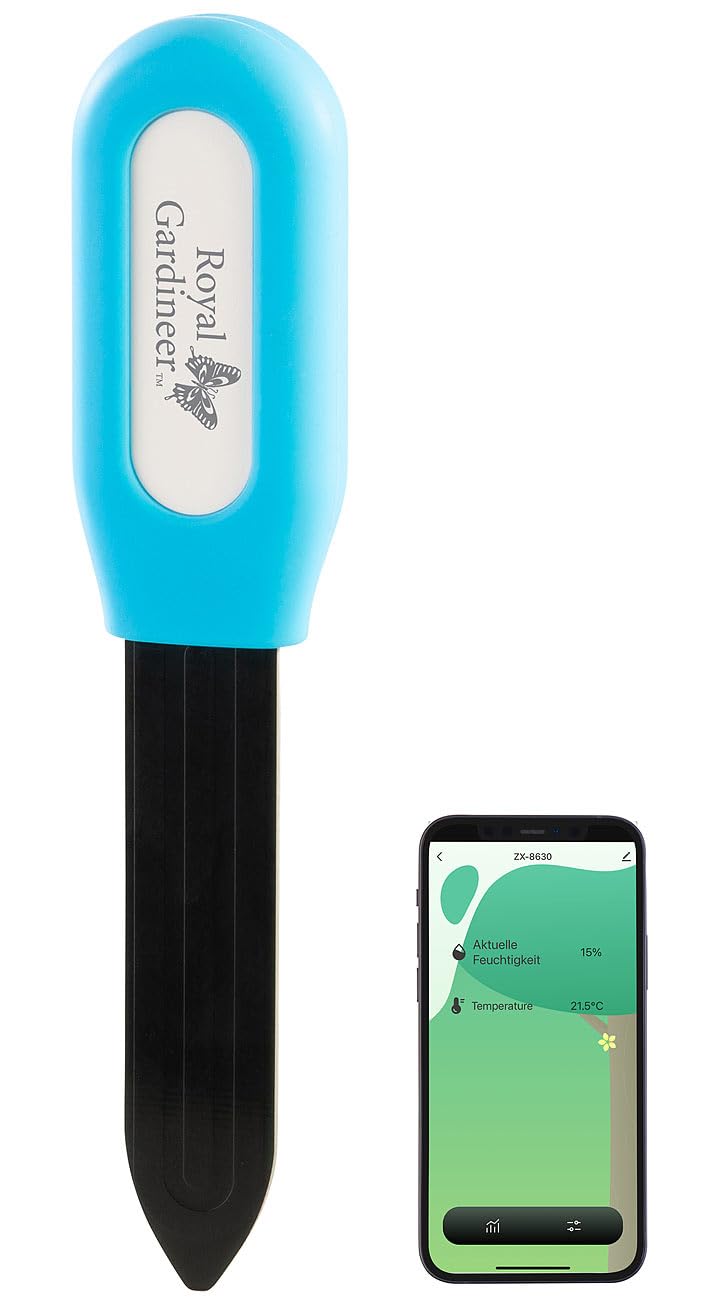 Royal Gardineer Pflanzenboden-Tester: 4er-Set smarte Pflanzen-Bodenfeuchtigkeits- & Temperatursensoren, App (Pflanzen-Feuchte-Messgeräte, Sensor, Home)