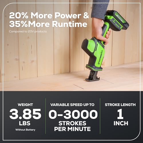 Image of Greenworks 24V Brushless Cordless Reciprocating Saw,1 inch Compact One-Handed Recip Saw(3,000 SPM),Variable Speed, 2.0Ah Battery and Compact Charger Included,‎ RSG404