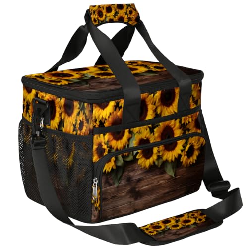 Sunflowers Insulated Picnic Backpack Lunch Box for Women Men Picnic Basket Tote Lunch Bag Picnic Bag Portable Lunch Bags for Picnic, Beach, Work, Trip,Office, Camp Sunflowers on Wooden Board