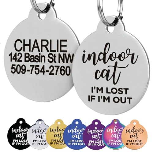 GoTags Personalized Small Indoor Cat Tag - Engraved with 4 Lines of Custom ID - Stainless Steel Round Pet ID Tag
