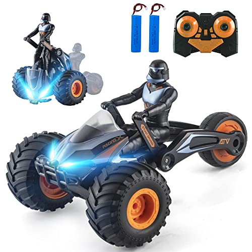 OBEST 2.4GHz Motocyclette Télécommandée Voiture pour Enfants, 360° Rotation Drift Flip RC Acrobatic Moto Car, Jouets de Moto Déformables Télécommandés avec Musique et LED, Cadeaux pour Enfants(Orange)