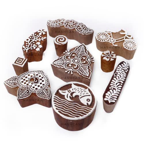 Image of Set of 10 | Handmade Blocks Multi Shapes Floral Design baren for Block Printing | Wooden Stamps for Project Designing | Scrapbooking | Project Making | Clay | Pottery Craft | Art