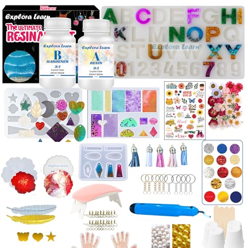 Image of exploralearn 185 Pcs Ultimate Resin Art Kit with 300g Epoxy Resin - DIY Alphabet, Jewelry, Keychains, Coasters & Bookmarks - Includes UV Lamp, Deburring Tool, Dried Flowers, Stickers & More