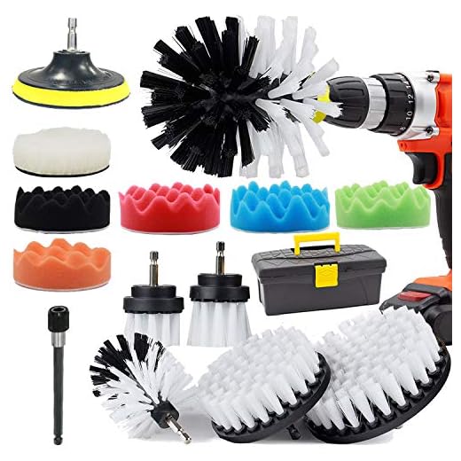 GOH DODD Drill Brush and Buffing Sponge Pads, 17 Pieces Power Scrubber Soft White Car Wash Kit Spin Brush Wheel Carpet Interior Detail Brush with Long Reach Attachment in Box for Auto Boat Motorcycle